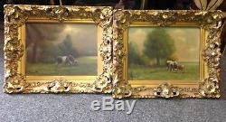 OIL CANVAS Artist Signed K. Durant Painting Gilded Framed Cows Pair Farm Antique