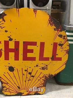 ORIGINAL 1920's VinTaGe SHELL 2 Sided Sign Old PATINA! Gas Oil PORCELAIN Station