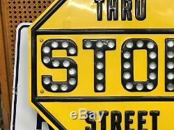 ORIGINAL Restored Vintage GLASS Reflector STOP THRU STREET Sign Gas Oil Car Road