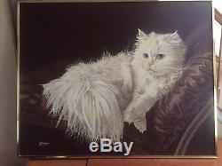 ORIGINAL VINTAGE THE RESTING CAT OIL PAINTING SIGNED BY LETTERMAN 48 x 60