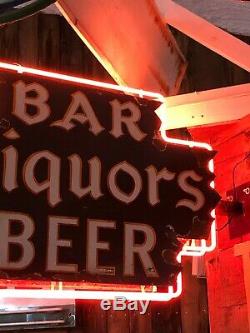 ORIGINAL Vintage BAR LIQUORS BEER Sign DOUBLE SIDED PORCELAIN NEON Gas Oil OLD