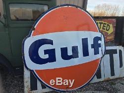 ORIGINAL Vintage GULF SIGN Gas Oil LARGE Old PORCELAIN Station CAN CRATE & SHIP
