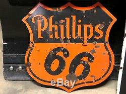 ORIGINAL Vintage PHILLIPS 66 PORCELAIN 29 Sign Gas Oil VERIBRITE DSP Patina OLD