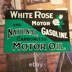 Old Vintage White Rose Motor Oil Gasoline Porcelain Gas Station Heavy Metal Sign