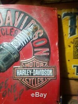 Old vintage embossed Harley Davidson motorcycle sign gas station garage oil