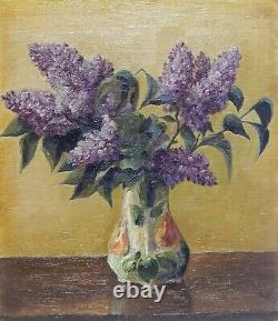 Original Antique Oil Painting Lilac Flowers Floral Still Life Signed Art 1900s