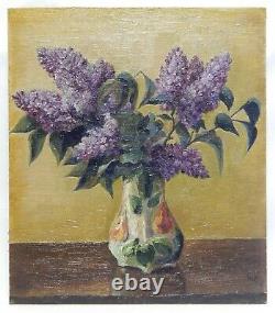 Original Antique Oil Painting Lilac Flowers Floral Still Life Signed Art 1900s