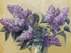 Original Antique Oil Painting Lilac Flowers Floral Still Life Signed Art 1900s