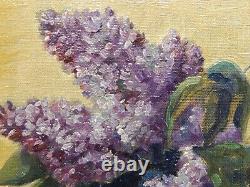 Original Antique Oil Painting Lilac Flowers Floral Still Life Signed Art 1900s