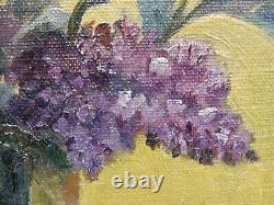 Original Antique Oil Painting Lilac Flowers Floral Still Life Signed Art 1900s