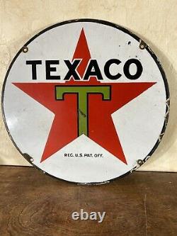 Original Large Vintage Texaco 15 Inch Heavy Gas & Oil Porcelain Dealer Sign