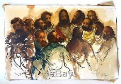 Original Last Supper Painting Antique Vintage Oil Jesus Religious Signed Large