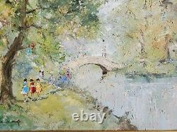 Original Oil Painting Forest Landscape Arch Bridge Vintage French Impressionist