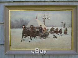 Original Signed Large Antique Vintage Winter Landscape with People Oil Painting