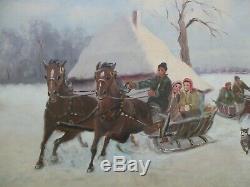 Original Signed Large Antique Vintage Winter Landscape with People Oil Painting