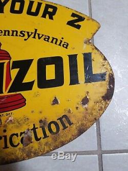 Original Vintage 1947 Pennzoil Motor Oil Gas Station 2 Sided 31 Metal Sign