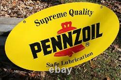 Original Vintage Double Sided Painted Enamel Pennzoil Oval Sign 31 Inch Gas Oil