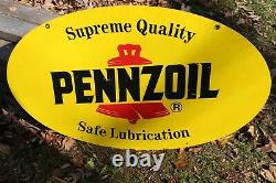 Original Vintage Double Sided Painted Enamel Pennzoil Oval Sign 31 Inch Gas Oil