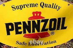 Original Vintage Double Sided Painted Enamel Pennzoil Oval Sign 31 Inch Gas Oil