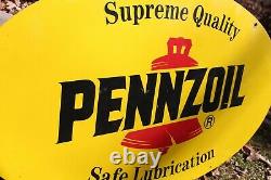 Original Vintage Double Sided Painted Enamel Pennzoil Oval Sign 31 Inch Gas Oil
