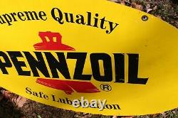 Original Vintage Double Sided Painted Enamel Pennzoil Oval Sign 31 Inch Gas Oil