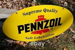 Original Vintage Double Sided Painted Enamel Pennzoil Oval Sign 31 Inch Gas Oil