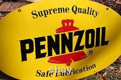 Original Vintage Double Sided Painted Enamel Pennzoil Oval Sign 31 Inch Gas Oil