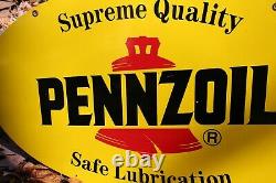 Original Vintage Double Sided Painted Enamel Pennzoil Oval Sign 31 Inch Gas Oil