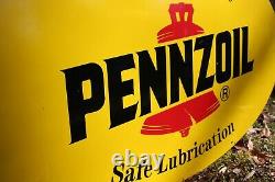 Original Vintage Double Sided Painted Enamel Pennzoil Oval Sign 31 Inch Gas Oil