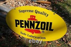 Original Vintage Double Sided Painted Enamel Pennzoil Oval Sign 31 Inch Gas Oil
