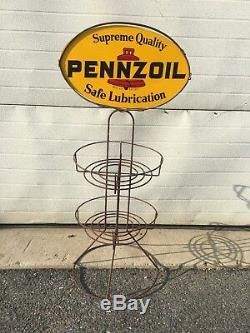 Original Vintage Pennzoil Oil Display Can Rack Double Sided Sign Gas Garage Car