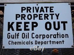 Original Vintage Porcelain Sign Gulf Oil Company Keep Out Chemicals Department