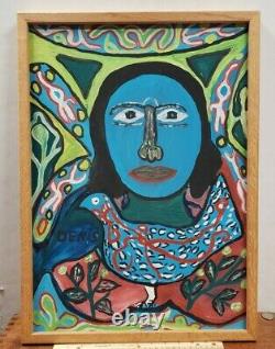 Original Vtg DENIS SMITH Signed HAITIAN OIL PAINTING Blue Woman