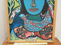 Original Vtg DENIS SMITH Signed HAITIAN OIL PAINTING Blue Woman