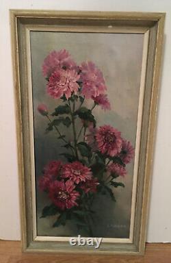 PRETTY VINTAGE 50s FLORAL OIL PAINTING CANVAS SIGNED FRAMED COUNTRY COTTAGE CHIC