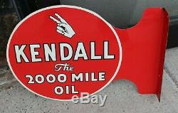 RARE Old Vintage Metal Enamel Kendall Motor Oil 2000 Mile Sign 2-sided WithFlange