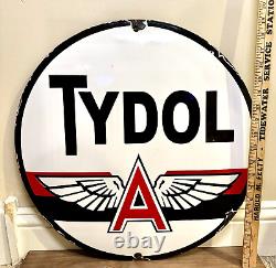 RARE VINTAGE c. 1950's TYDOL FLYING A GAS & OIL PORCELAIN SIGN PETROLIANA 20D