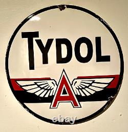 RARE VINTAGE c. 1950's TYDOL FLYING A GAS & OIL PORCELAIN SIGN PETROLIANA 20D