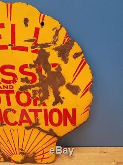 RARE Vintage 2 Sided Shell Gas & Oil Chasis & Motor Lubricant Porcelain 24 Sign