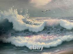 R. Evans Large Oil On Canvas Sea Scene vintage Painting, Original Artist Frame