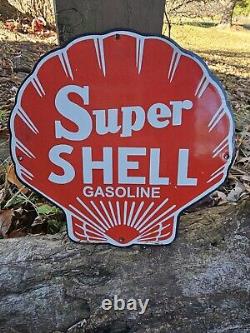 Rare 1950's Vintage Super Shell Gasoline Porcelain Sign