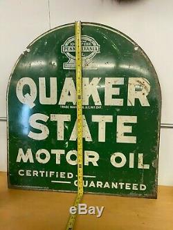 Rare Vintage 1930's Quaker State Motor Oil 2 Sided Metal Sign