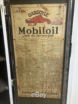 Rare Vtg 20s Gargoyle Mobiloil Gas Station Curbside Oil Display Cabinet with Sign