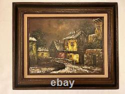 Rare vintage impressionism oil painting on Canvas village night view signed