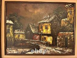 Rare vintage impressionism oil painting on Canvas village night view signed