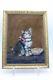 Signed Antique Oil Painting Of Kitten With Bowl 11 X 13