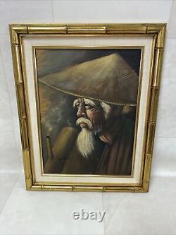 Signed Gris Oil Painting Old man portrait with stylish hat, Bamboo style frame