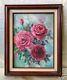 Signed Oil Painting By Linda Lynch Pink Roses W Vintage Decor Wood Frame 17x21