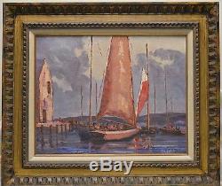 Signed Older Vintage Sail Boats at Harbor Oil Painting on Canvas Panel (Framed)