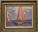 Signed Older Vintage Sail Boats At Harbor Oil Painting On Canvas Panel (framed)